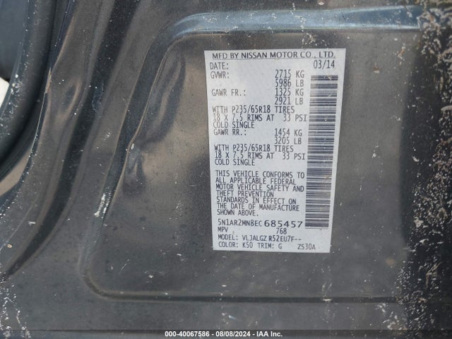Nissan Pathfinder Sl 2014 5N1AR2MN8EC685457 Image 9