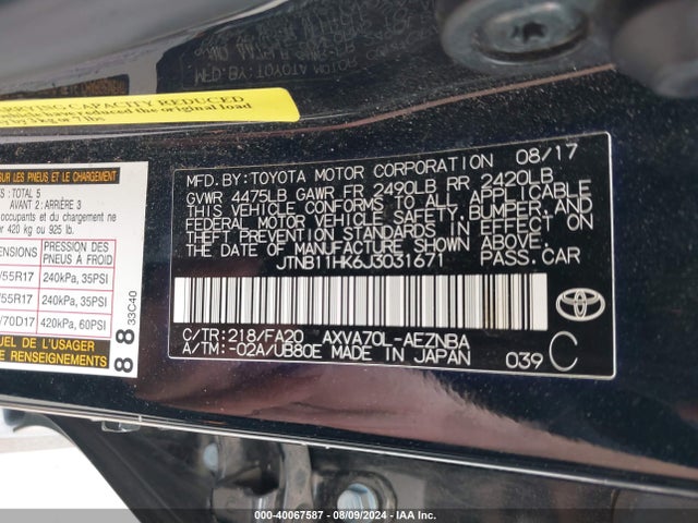 Toyota CAMRY LE 2018 JTNB11HK6J3031671 Image 9