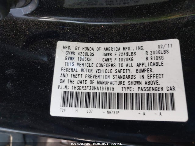 Honda ACCORD LX 2017 1HGCR2F30HA167675 Image 9