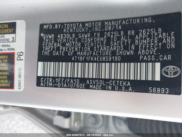 4T1BF1FK4EU859190 Toyota CAMRY L