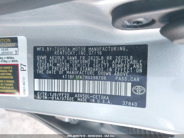 Toyota CAMRY SE 2017 4T1BF1FK7HU296706 Image 9