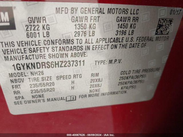 1GYKNDRS6HZ237311 Cadillac XT5 LUXURY