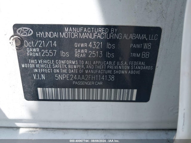 Hyundai SONATA ECO 2015 5NPE24AA2FH114138 Image 9