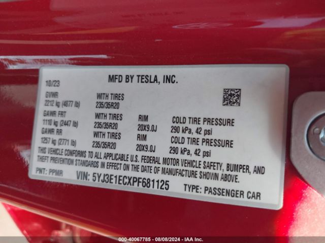 5YJ3E1ECXPF681125 Tesla Model 3 Performance Dual Motor All-wheel Drive