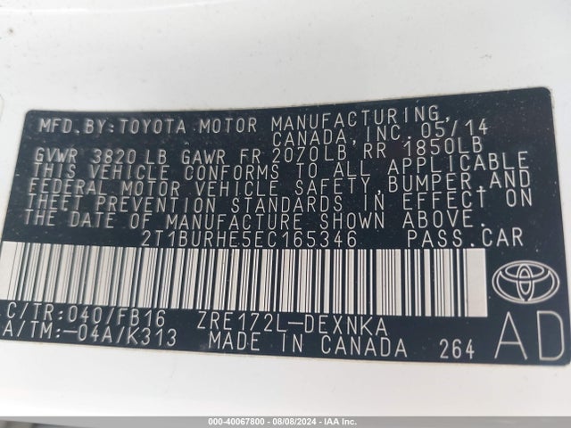 Toyota COROLLA LE 2014 2T1BURHE5EC165346 Image 9