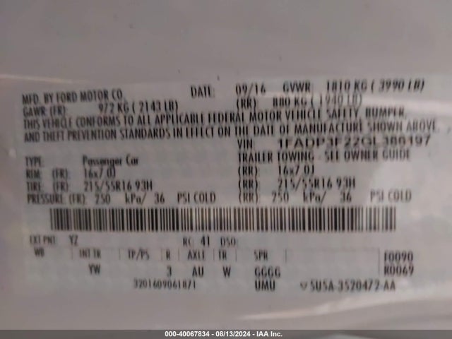 Ford FOCUS SE 2016 1FADP3F22GL386197 Image 9
