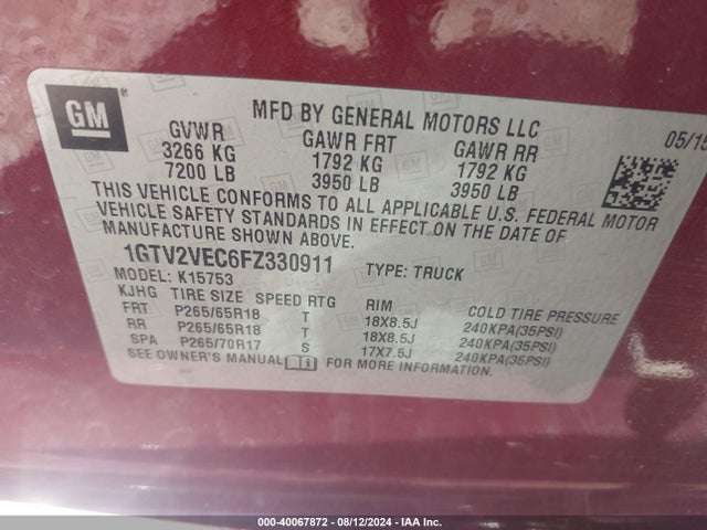 GMC Sierra 1500 Slt 2015 1GTV2VEC6FZ330911 Image 9