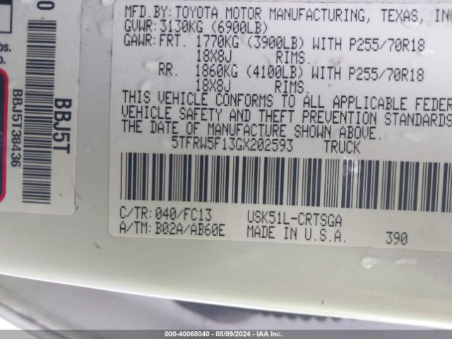 5TFRW5F13GX202593 Toyota Tundra Sr5 5.7l V8