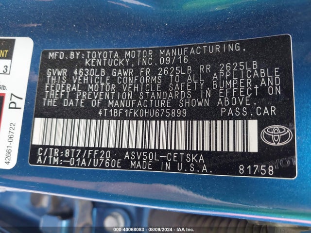 Toyota CAMRY SE 2017 4T1BF1FK0HU675899 Image 9