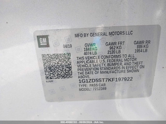 Chevrolet MALIBU LT 2019 1G1ZD5ST7KF197922 Image 9
