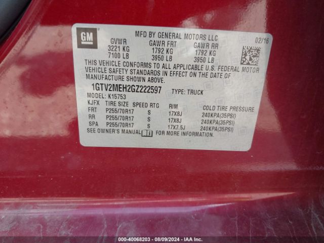 1GTV2MEH2GZ222597 GMC Sierra 1500 Sle