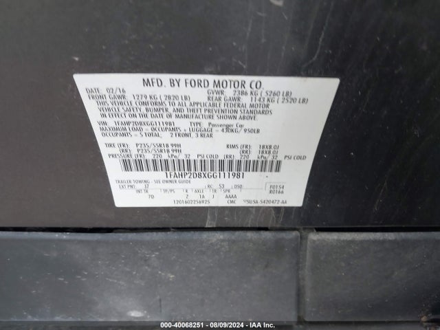 Ford TAURUS SE 2016 1FAHP2D8XGG111981 Image 9