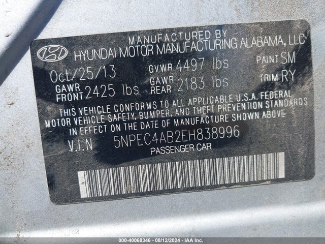 Hyundai Sonata Limited 2.0t 2014 5NPEC4AB2EH838996 Image 9