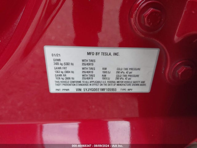 2021 TESLA MODEL Y 5YJYGDEE1MF105955 Photo 8