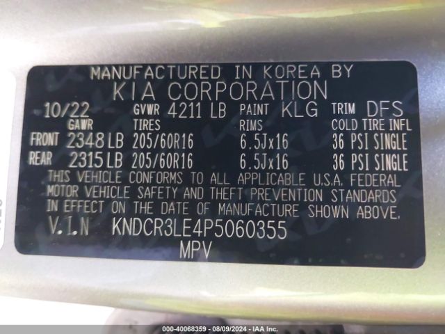 KNDCR3LE4P5060355 KIA NIRO EX