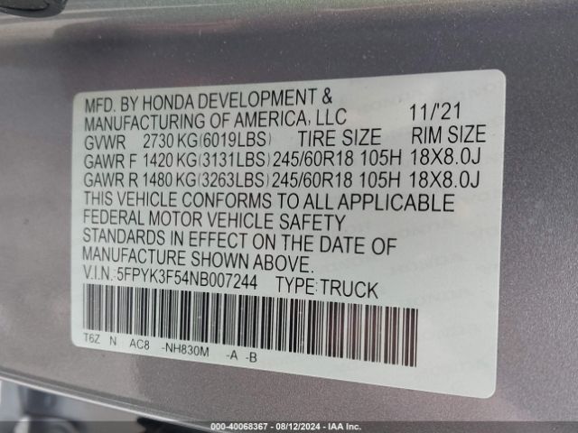5FPYK3F54NB007244 Honda Ridgeline Rtl