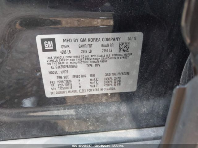 KL7CJKSB0FB188968 Chevrolet Trax 1ls