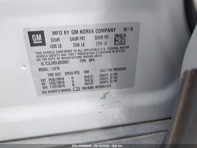 Chevrolet Trax Fwd Lt 2020 KL7CJLSB5LB028067 Image 9