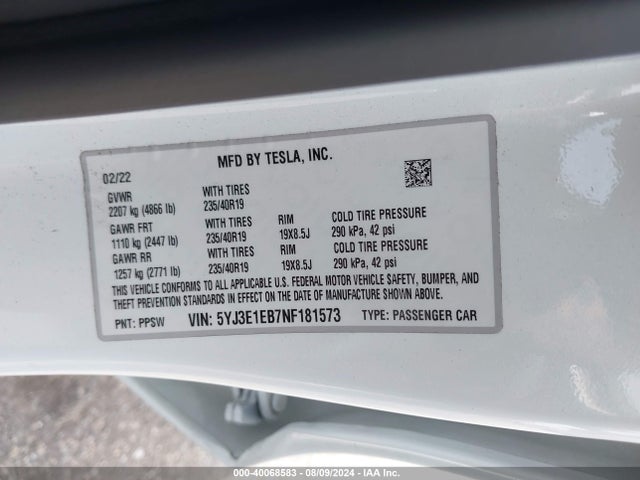 2022 TESLA MODEL 3 5YJ3E1EB7NF181573 Photo 8