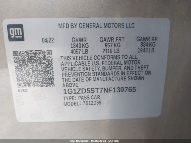 1G1ZD5ST7NF139765 Chevrolet Malibu Fwd Lt