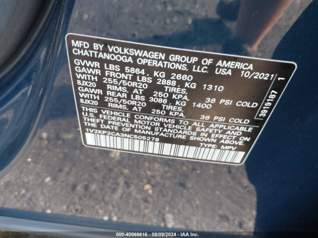 1V2KP2CA3NC505278 Volkswagen Atlas 2.0t Se W/technology
