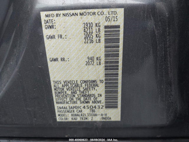 1N4AL3AP0FC450432 Nissan Altima 2.5/s/sv/sl
