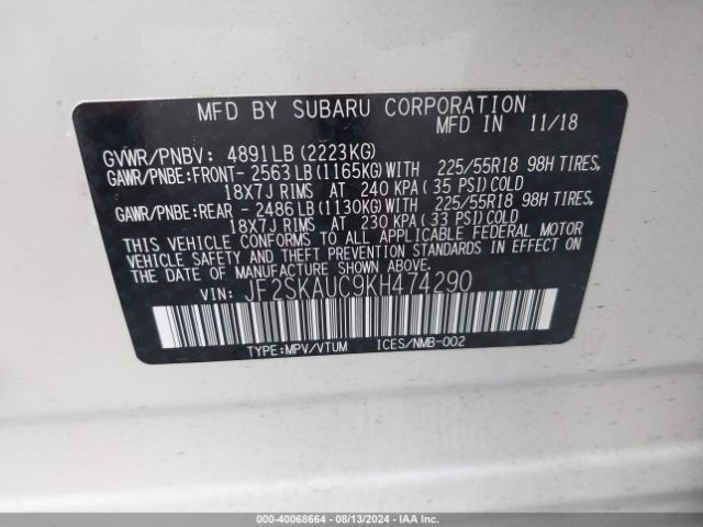 JF2SKAUC9KH474290 Subaru Forester Limited