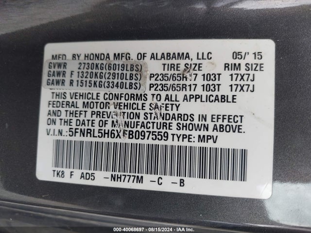 Honda Odyssey Ex-l 2015 5FNRL5H6XFB097559 Image 9