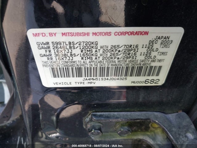 2004 MITSUBISHI MONTERO JA4MW51S34J004325 Photo 8