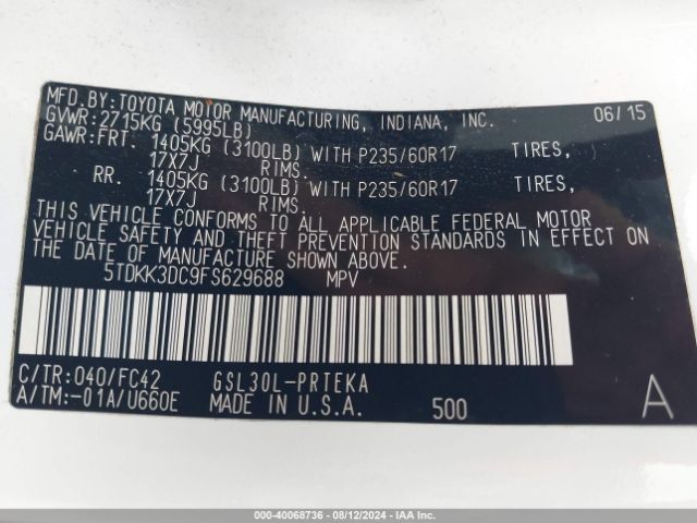 5TDKK3DC9FS629688 Toyota Sienna Le 8 Passenger