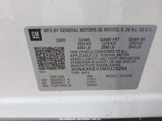 3GNAXKEV1MS110254 Chevrolet Equinox Fwd Lt