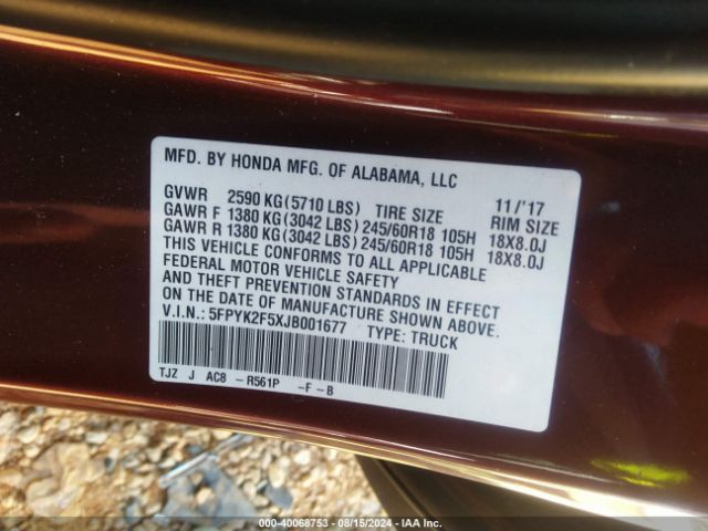5FPYK2F5XJB001677 Honda Ridgeline Rtl