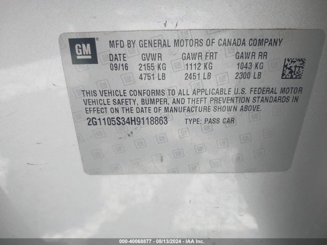 Chevrolet IMPALA 1LT 2017 2G1105S34H9118863 Image 9
