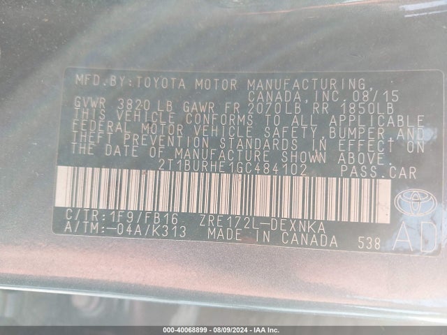 Toyota Corolla Le Plus 2016 2T1BURHE1GC484102 Image 9