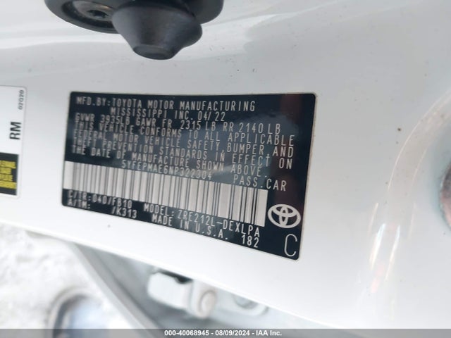Toyota COROLLA LE 2022 5YFEPMAE6NP322304 Image 9