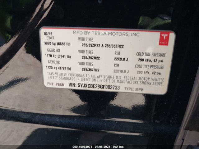 5YJXCBE28GF002733 Tesla Model X 60d/70d/75d/90d/p100d