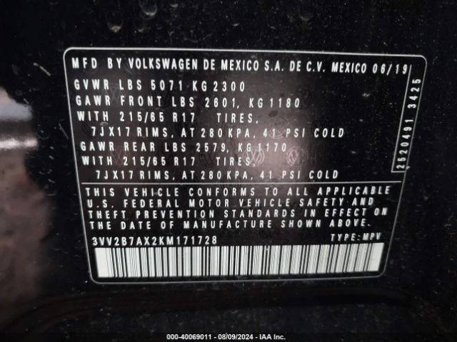 3VV2B7AX2KM171728 Volkswagen Tiguan 2.0t Se/2.0t Sel/2.0t Sel R-line/2.0t Sel R-line Black