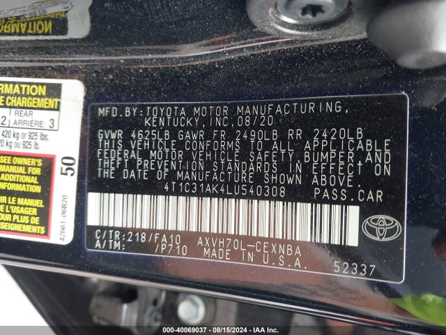 Toyota Camry Le Hybrid 2020 4T1C31AK4LU540308 Image 9
