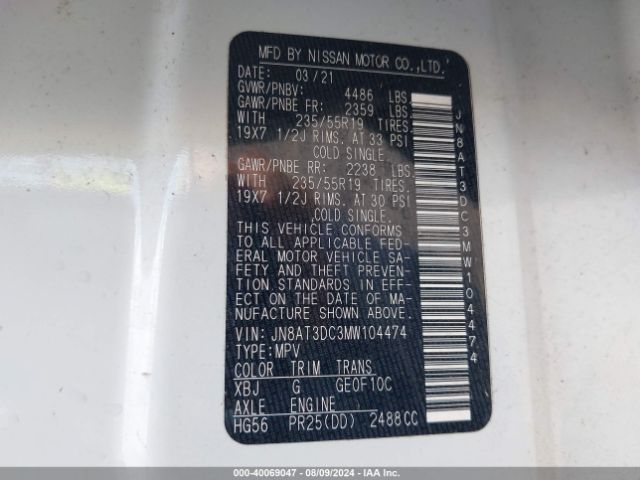 JN8AT3DC3MW104474 Nissan Rogue Platinum Fwd