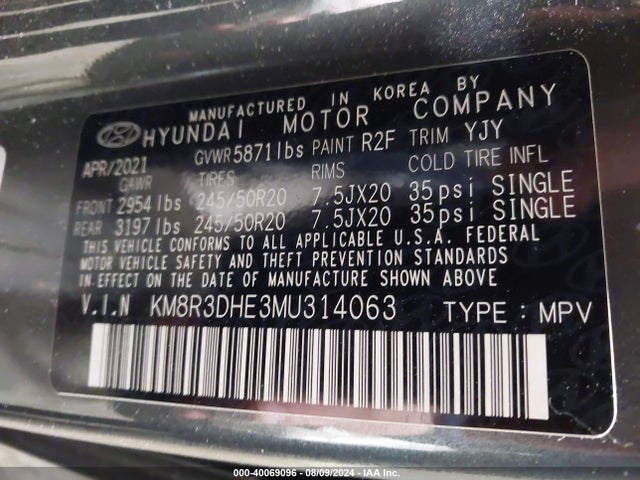 KM8R3DHE3MU314063 Hyundai gdi lambda ii