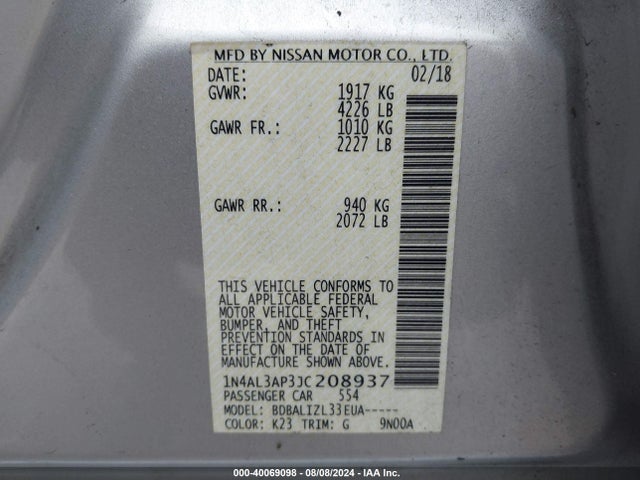 Nissan Altima 2.5 Sv 2018 1N4AL3AP3JC208937 Image 9
