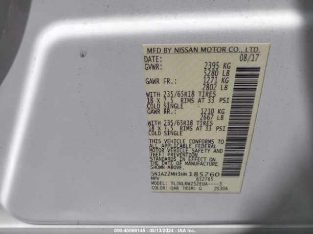 5N1AZ2MH3HN185760 Nissan MURANO SL