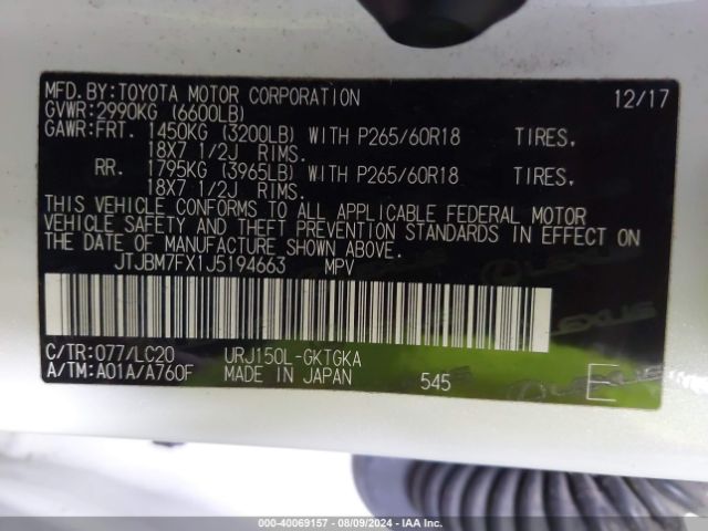 JTJBM7FX1J5194663 Lexus 460
