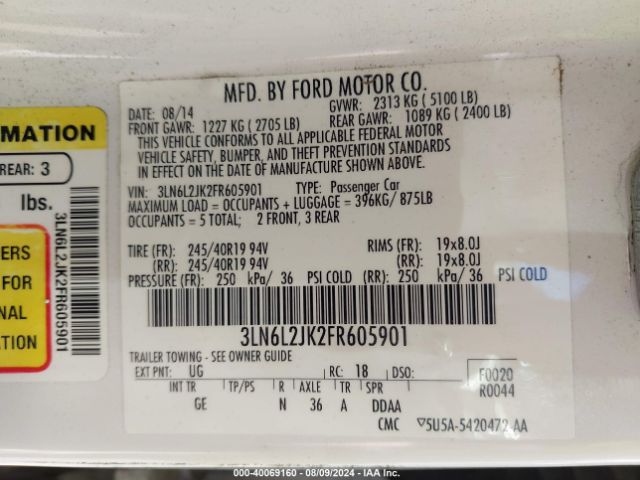 3LN6L2JK2FR605901 Lincoln MKZ