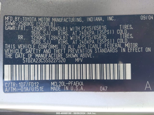 40069180 :رقم المزاد ، 5TDZA23C55S227520 vin ، 2005 Toyota Sienna Ce مزاد بيع
