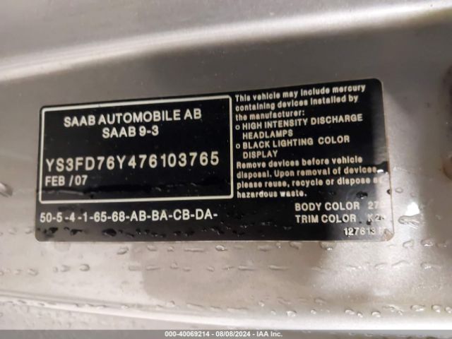 2007 SAAB 9-3 YS3FD76Y476103765 Photo 8