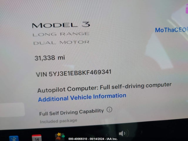 5YJ3E1EB8KF469341 Tesla Model 3 Long Range/performance