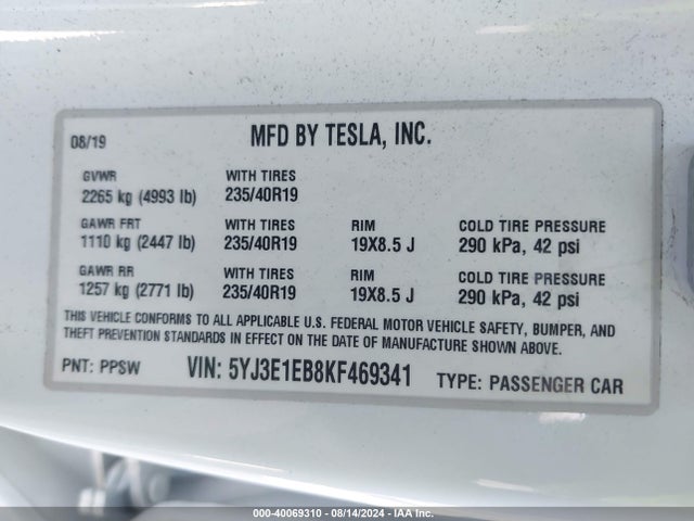 5YJ3E1EB8KF469341 Tesla Model 3 Long Range/performance