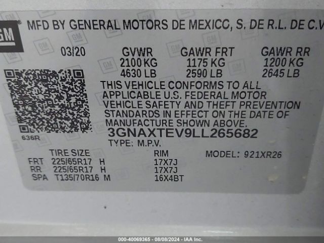 3GNAXTEV9LL265682 Chevrolet Equinox Awd 2fl
