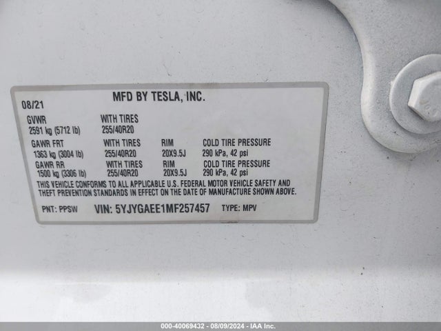 2021 TESLA MODEL Y 5YJYGAEE1MF257457 Photo 8